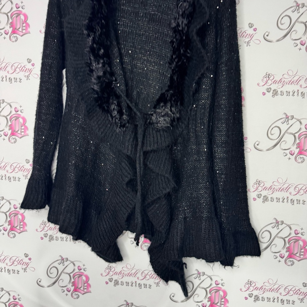 Valenti cardigan sequins sparkly furry fur neckline tie up Black Women's Sweater - Picture 3 of 10